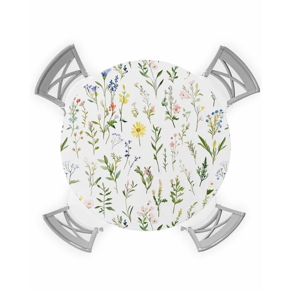 Round Fitted Tablecloth with Elastic Edge, Spring Wildflowers Daisy Botanical Leaves Green Waterproof Oil-Proof Wipeable Tablecloth Table Cover Decor for Indoor/Outdoor, Fit 36" - 44" Round Table