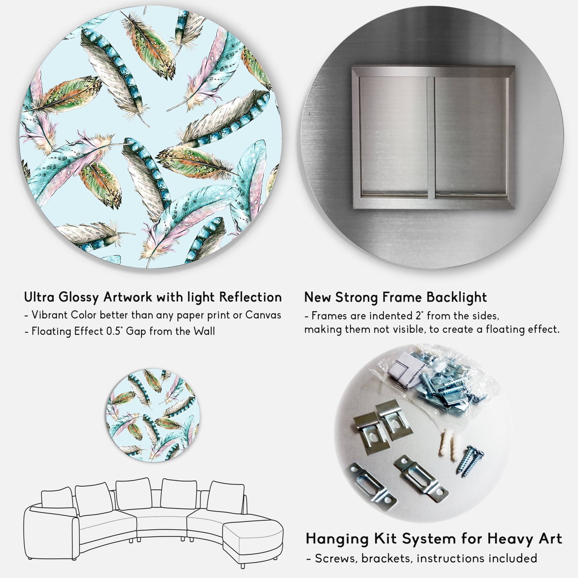Designart 'Green Bird Feathers On Blue Background' Bohemian & Eclectic Circle Metal Wall Art 36x36 - Disc of 36
