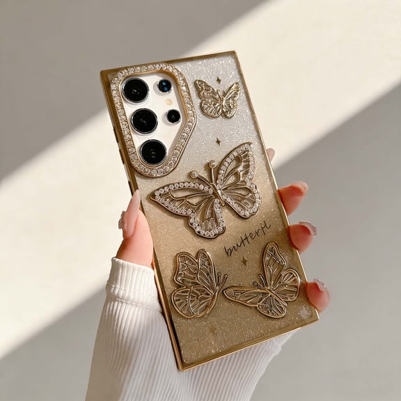 For Samsung Galaxy S26 Phone Case,Bling Sparkle Diamond Luxury Electroplated Butterfly,Cute Gradient Glitter Back,Shokcproof Anti-Scratch Anti-fall Drop Protection,Durable Phone Case,Gold