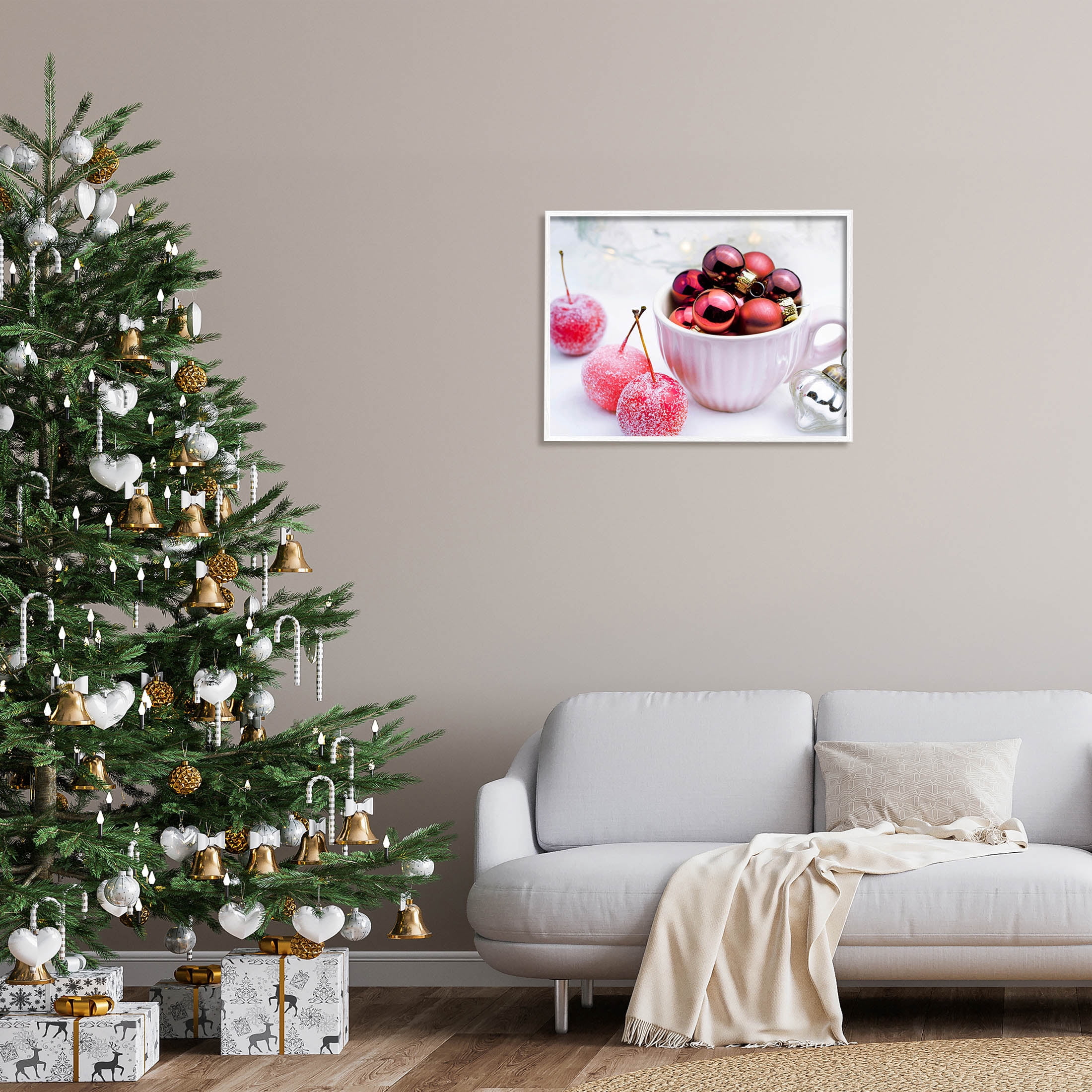 Gleaming Red Christmas Ornaments Holiday Photograph White Framed Art Print Wall Art