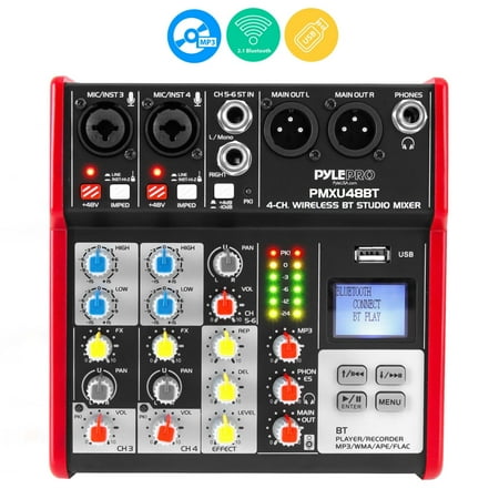 PYLE PMXU48BT - 4-Ch. Bluetooth Studio Mixer - Pro Audio Digital DJ Audio Mixer Console (+48V Phantom Power)