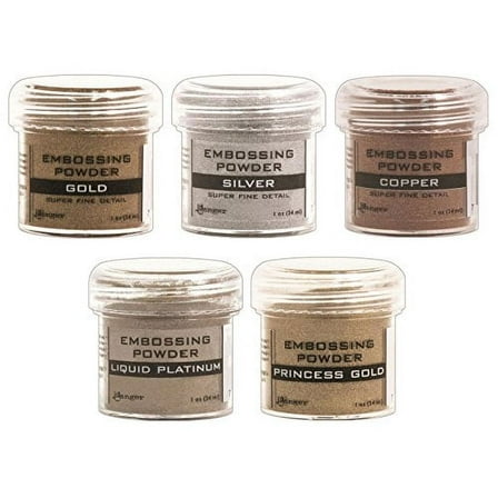 Ranger - Heat Embossing Powder for Cardmaking - Metallic - Gold, Silver, Platinum, Copper & Princess Gold - 5 Item Bundle