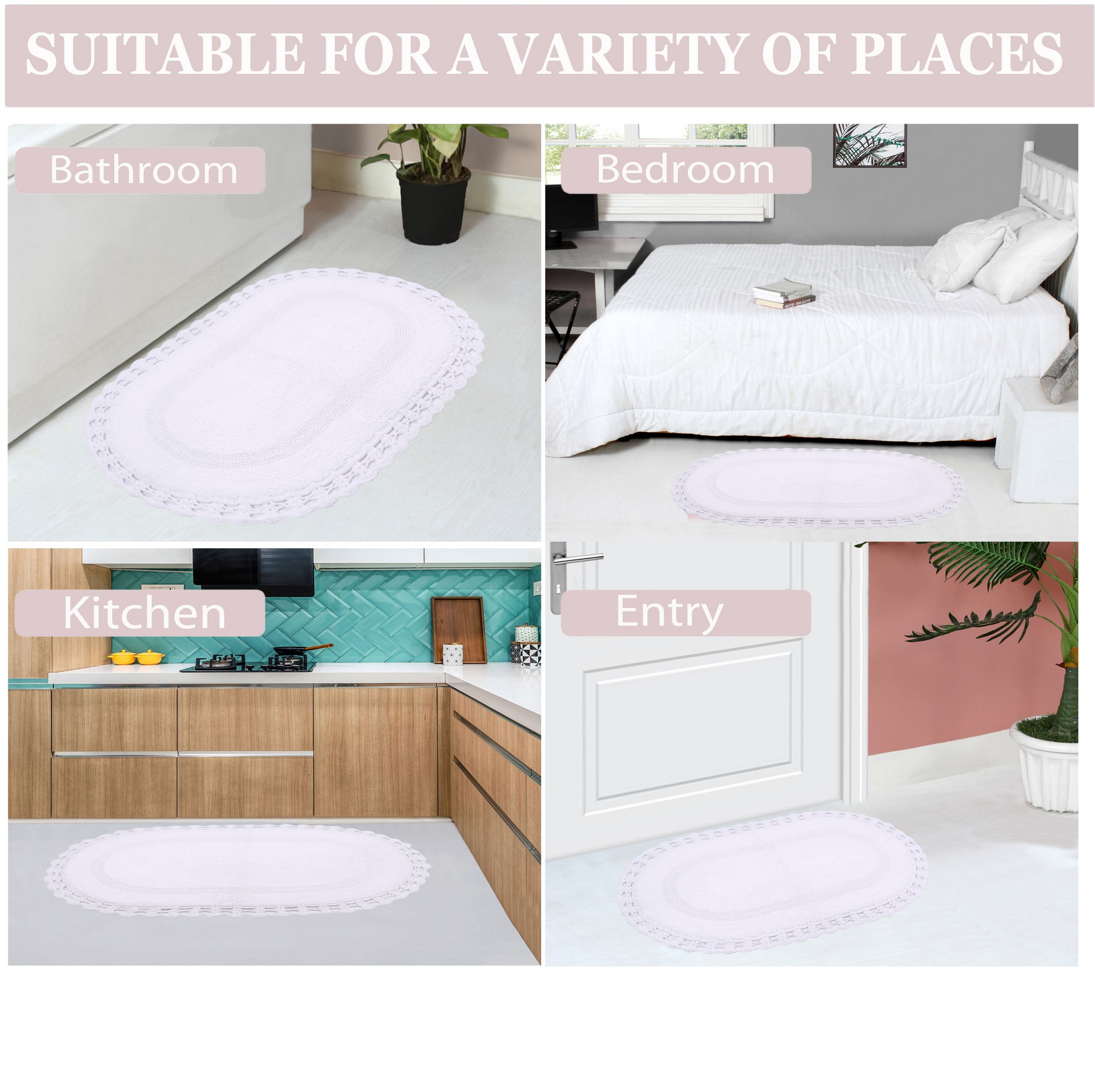 Home Weavers Hampton Crochet Bath Mat 100% Cotton Bathroom Rugs Set, Washable Rug, Extra Soft and Absorbent bath Rug, Kitchen Mat, Bath Mat Set, Bath Floor Mat Reversible, 24"x40" Rectangle, White
