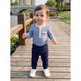 thumbnail image 4 of Cjfdfy Newborn Baby Boys Fall Outfits  Striped Waffle Knit Long Sleeve Striped Romper With Elastic Waist Solid Pants 2Pcs Infant Fall Winter Outfit Coming Home Outfit 0-18M, 4 of 9