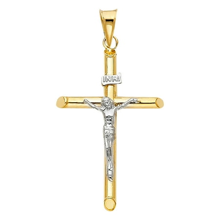 14k Crucifix Religious Cross Jesus Pendant Necklace Two Tone 43mm Long