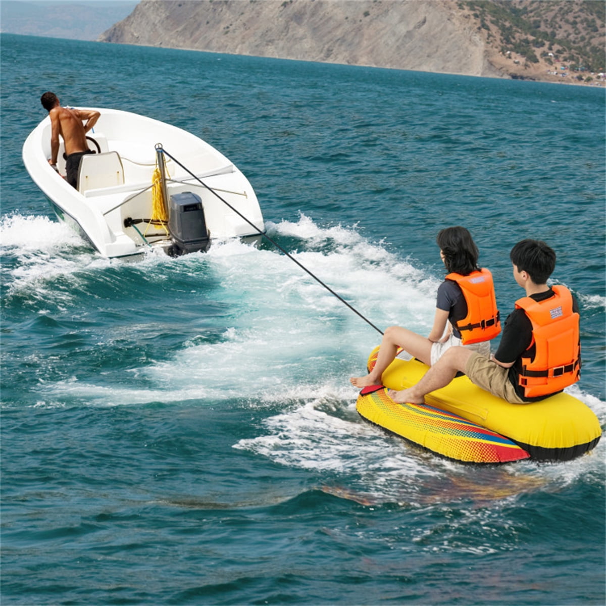 Inflatable Banana Boat Towable Tube for 1-2 Riders 340 LB Capacity 73x40x23 Inch Yellow Water Sports Toy for Lake Ocean River Boating Family Fun Summer Water Toy with Boston Valves