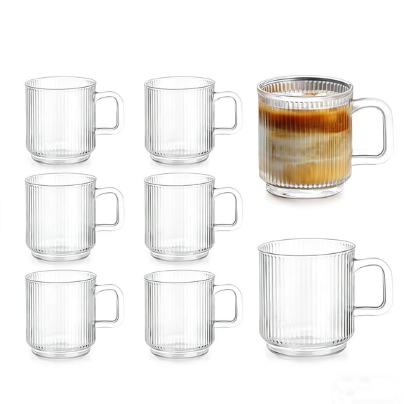 7 PACK Premium Glass Coffee Mugs with Handle, 12 OZ Classic Vertical Stripes Glass Coffee Cups, Transparent Tea Cup for Hot/Cold Beverages, Glassware Set for Americano, Latte, Cappuccino