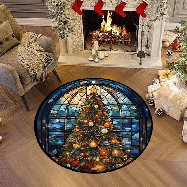 Linnome Festive Round Christmas Area Rug 40cm, Christmas Themed Living Room Carpet for Bedroom, Sofa and Coffee Table Accent Decor