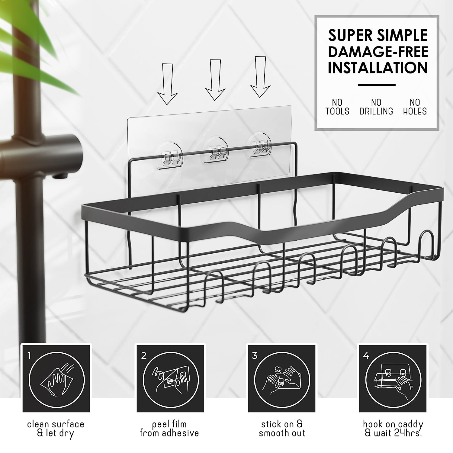 Virtu 5 Pack Adhesive Steel  Shower Caddy Organizer, Heavy Duty Stainless Steel Rustproof Shower Caddy, Gray