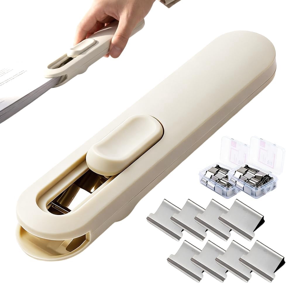 Push Clip Binder Stapler with 108 Reusable Clips, Portable Handheld Paper Clamp, Document Fastener for Office(Green)