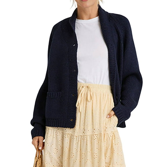 Ipladies Women Shawl Collar Cardigan Lobster Print Long Sleeve Button Down Jumper Tops Vintage Chunky Knit Coat Navy Blue M