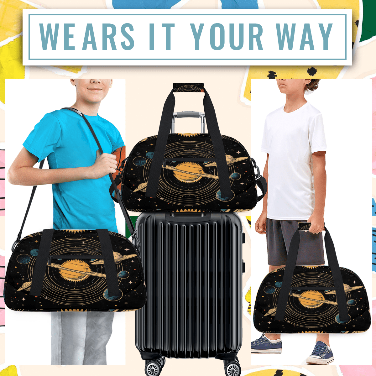 Herdesigns Universe Solar System Planets Sports Duffle Bag for Women & Men, Gym Bag Dance Bag Overnight Bag Carry On Weekender Travel Bag