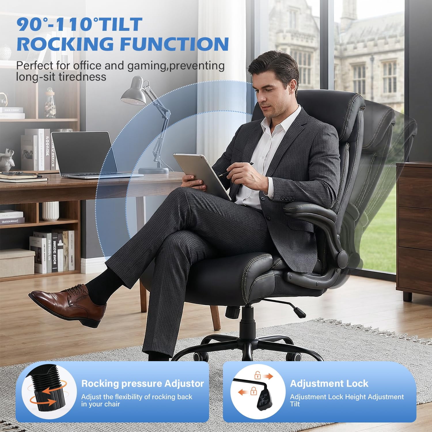 JONPONY Leather Office Chair,Big and Tall Office Chair 500LBS Wide Seat,Comfy Heavy Duty Executive Chair with Adjustable Lumbar Support for Back Pain,Black