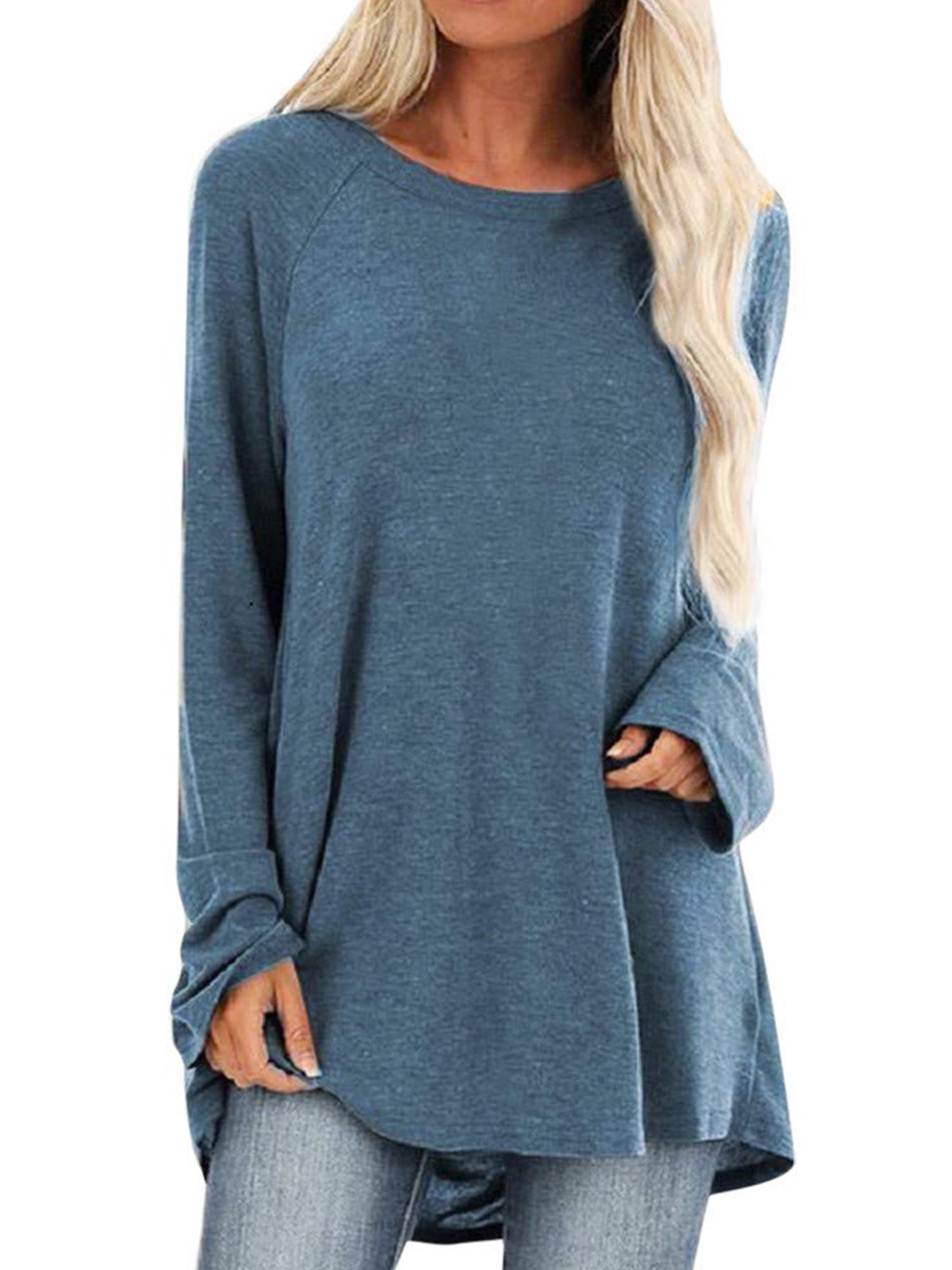 Innerwin T-shirt Crew Neck Women Tee Work Solid Color Loose T Shirt Blue M