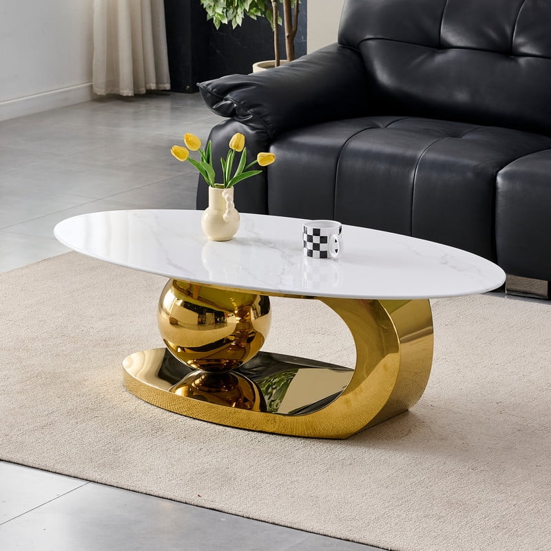 51.2-Inch Oval Faux Marble Top Center Coffee Table, Living Room End Table with C-Shaped Stainless Steel Base