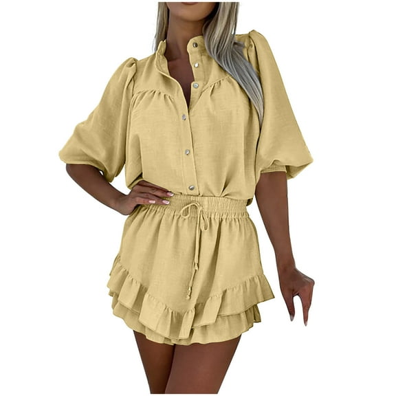 Diufon Womens Cotton Sets Lapel Button Puff Half Sleeve Shirts Elastic Waist Skirts Solid Color Sets
