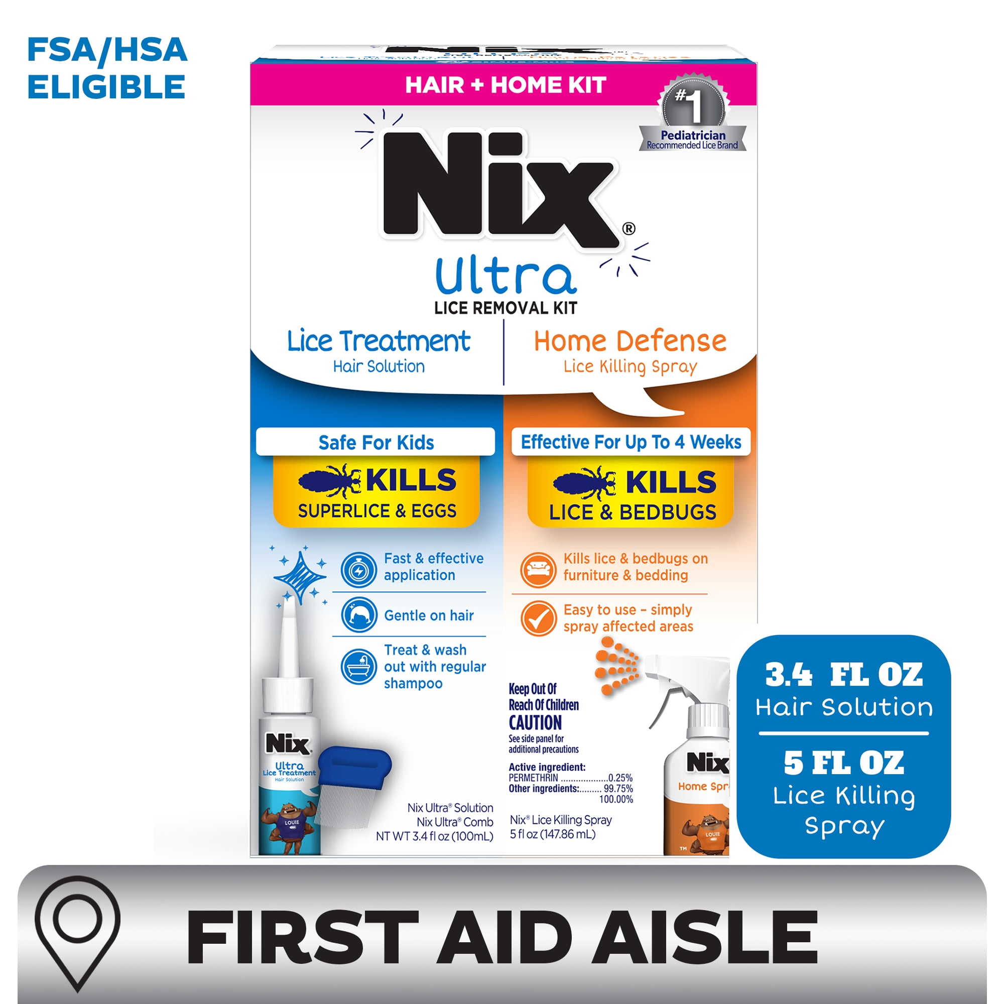 (2 pack) Nix Ultra Lice Removal Kit, 3.4oz Lice Treatment Hair Solution & Comb + 5oz Home Bedbug Spray, 1 Kit