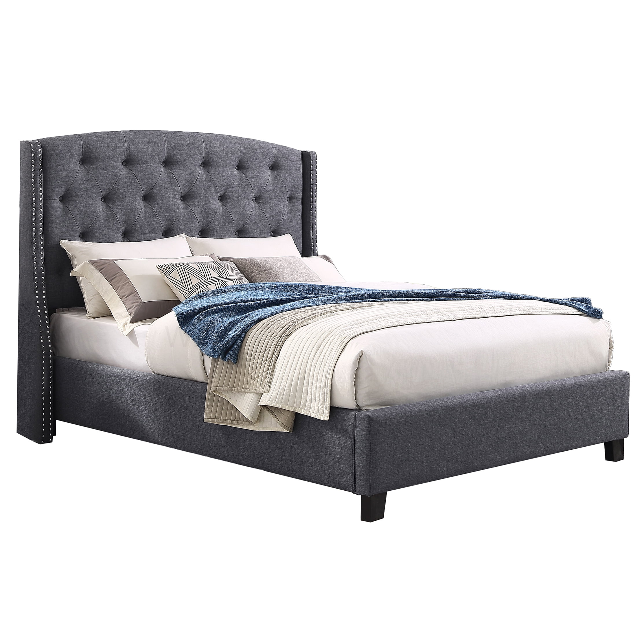 Queen Size Upholstered Bed Frame with Wingback Headboard, Nailhead Trim and Button Tufted Accents, Gray Fabric