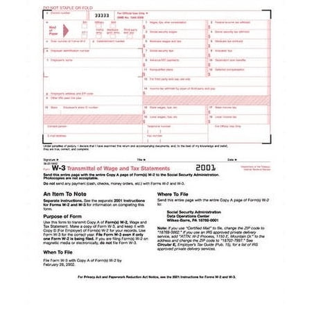 TOPS-1PK Tops Continuous W-3 Transmittal Of Wage Form - 2 Part - Carbon Copy - 9.50" X 11" Sheet Size - White