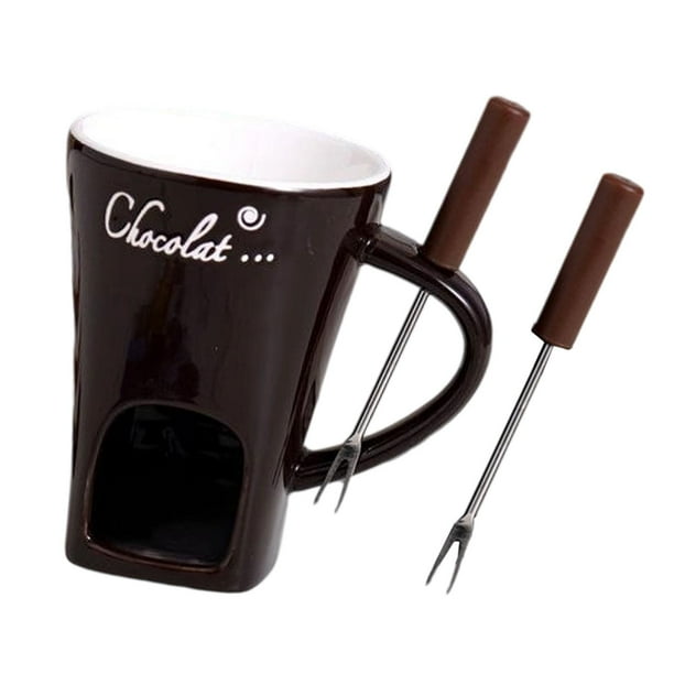 Cuenco para fondue de chocolate, taza para fondue con tenedores, calentador de mantequilla, derrite, calentamiento cerámico Marrón
