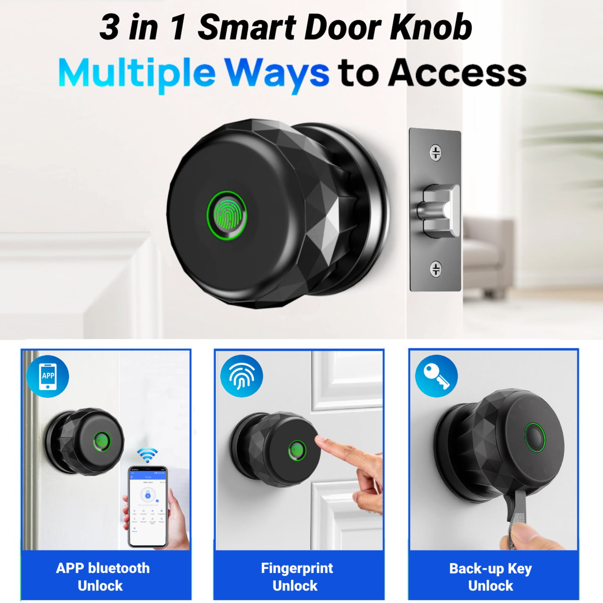 Door Knob,Blacksmith Smart Door Knob With 3 Ways Quick Unlock,Smart Door Lock,Black