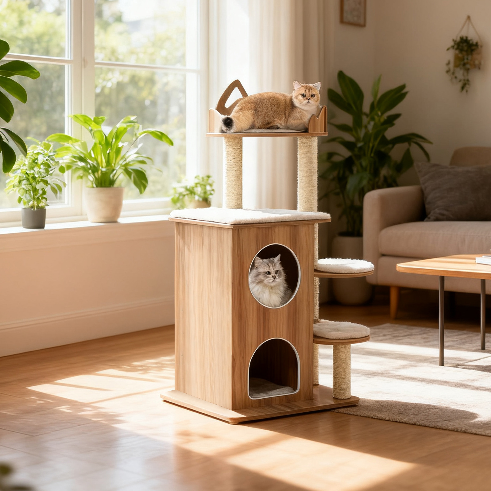 Gymax Wooden Cat Tree 48'' Cat Tower for Indoor Cats w/ 2-floor Condo Cute Top Perch