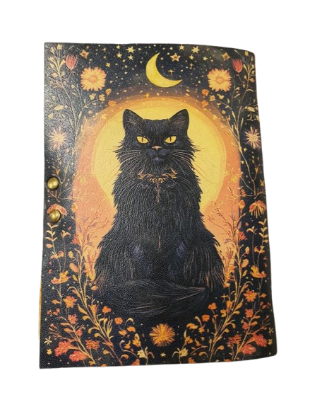 Handmade Black Cat Leather Journal 5x7” – 200 Pages Vintage Handmade Paper | Locking Notebook | Witchy Gifts | Festival & Holiday Gift Ideas