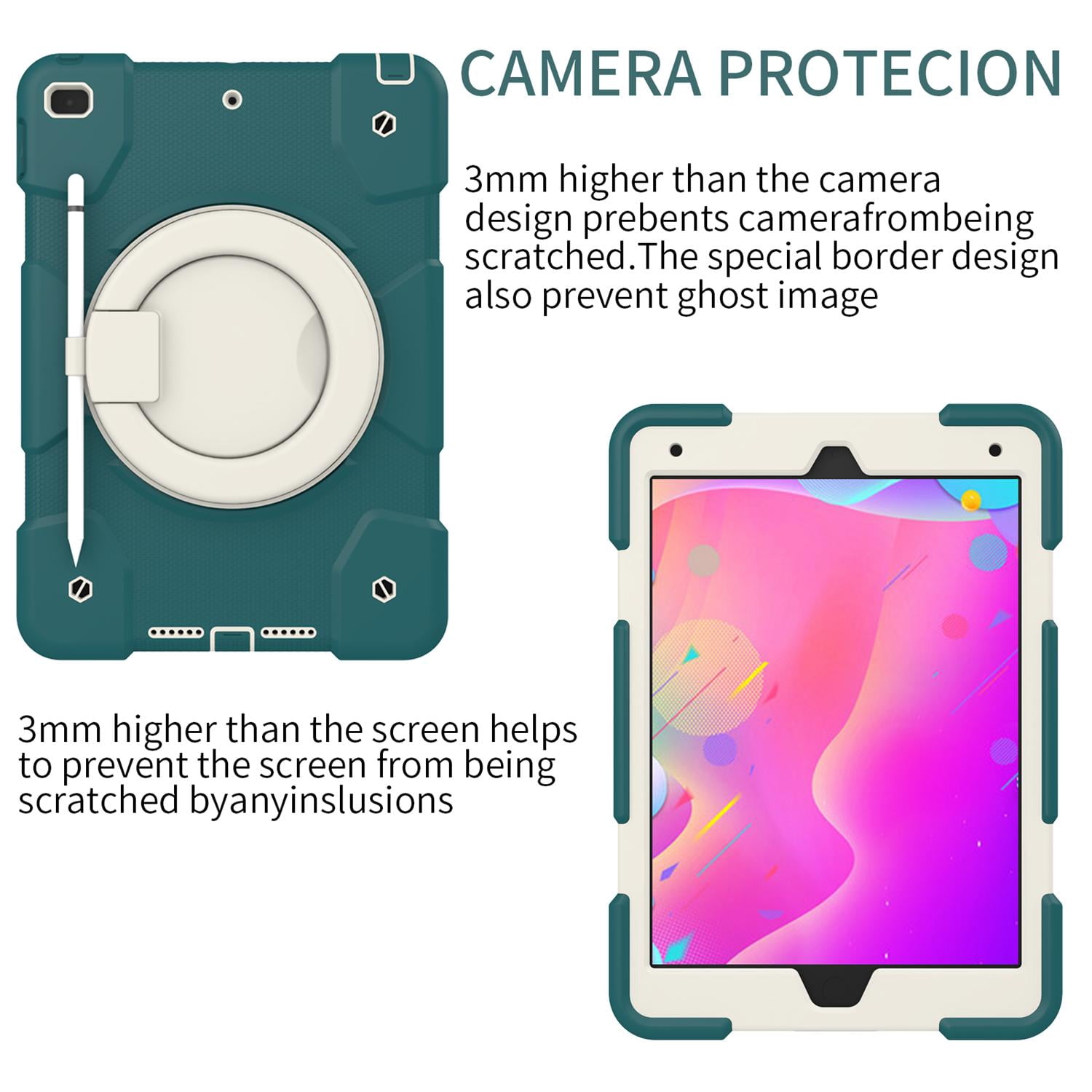 Allytech Case for iPad 9th/8th/7th Generation 10.2", Kids Case with 360° Rotating Folding Ring, Pencil Holder, Strap Drop-Proof Case for iPad 9/8/7 Gen 2021/2020/2019, Blackish Green