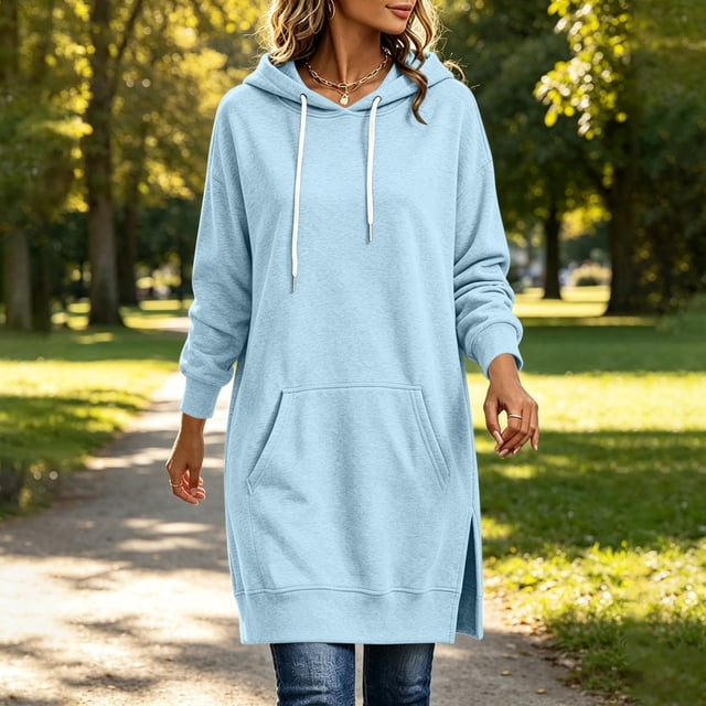 Neewe Womens Plain Oversized Hoodie Drawstring Extra Long Hooded Tunic Fall Sweatshirt with Pockets