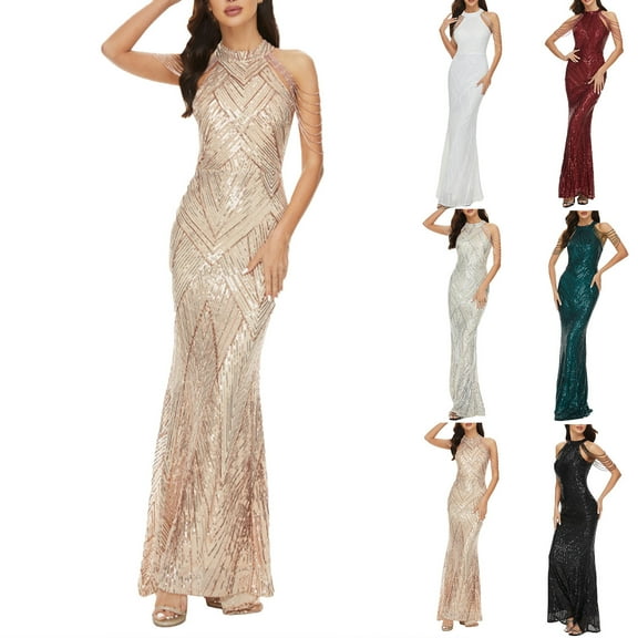 Horkkom Women Prom Dress Sleeveless Halter Neck Sequin Dress Mermaid Evening Gowns with Tassel Sparkly Glitter Party Maxi Dresses