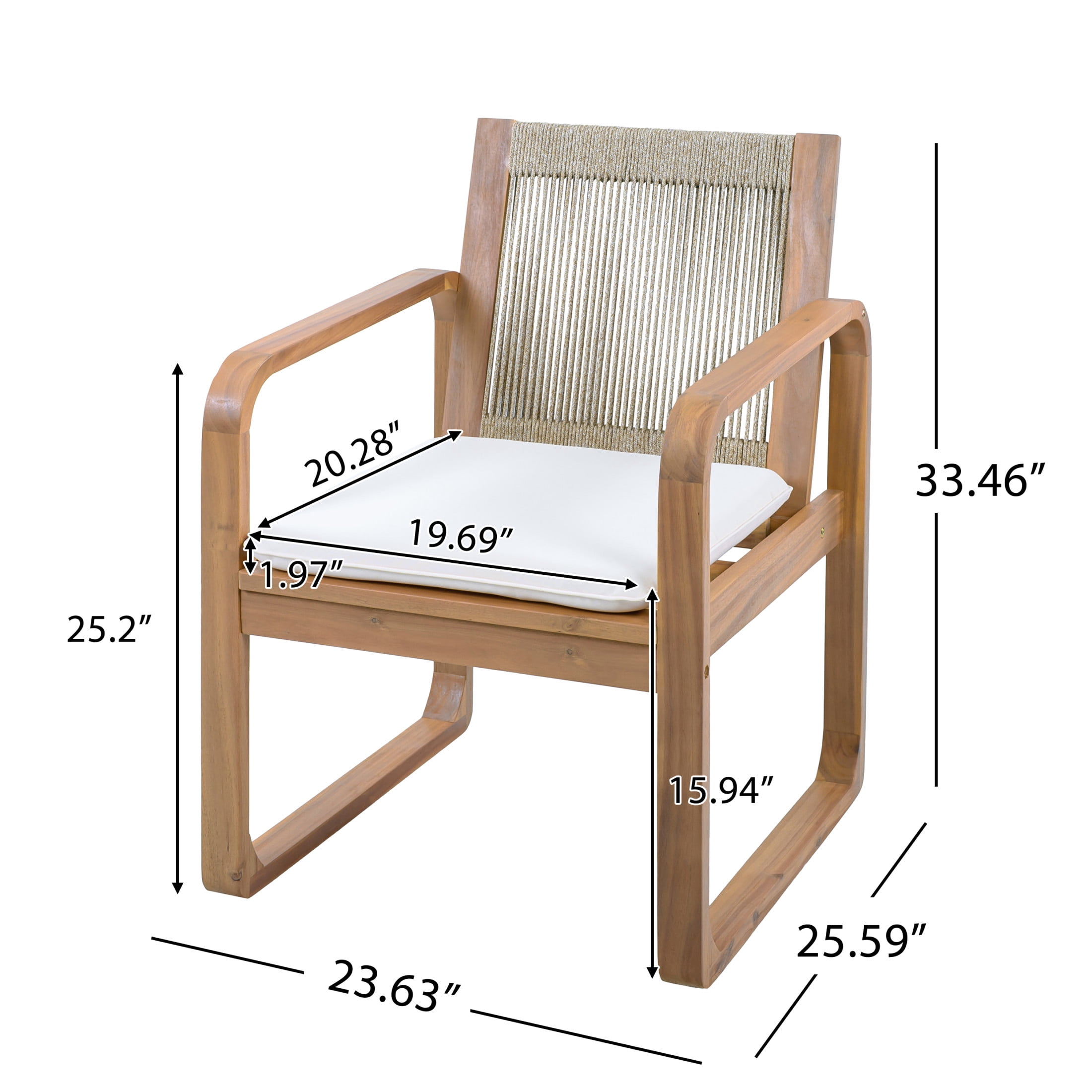 Christopher Knight Home Outdoor Light Teak Wood Dining Chairs with Beige Cushions, Rope Back, Set of 4