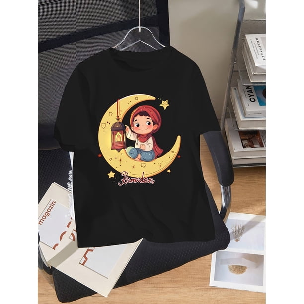 Boys' Light Blue Ramadan Cartoon Moon T-Shirt – Soft Cotton, Casual Short Sleeve with Fun Anime Design, Perfect for Spring & Summer, Gift for Eld, Gift for Ramadan
