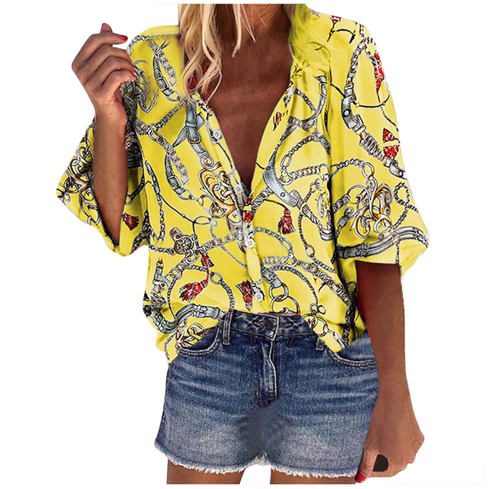 Femme col V à manches longues shirts Tops Femmes Floral Holiday Casual Loose chemisier 