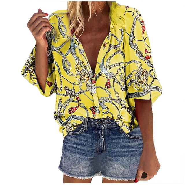 Pompotops Chemisier Mode Femme Col en V Imprimé Floral Manches Longues Ample