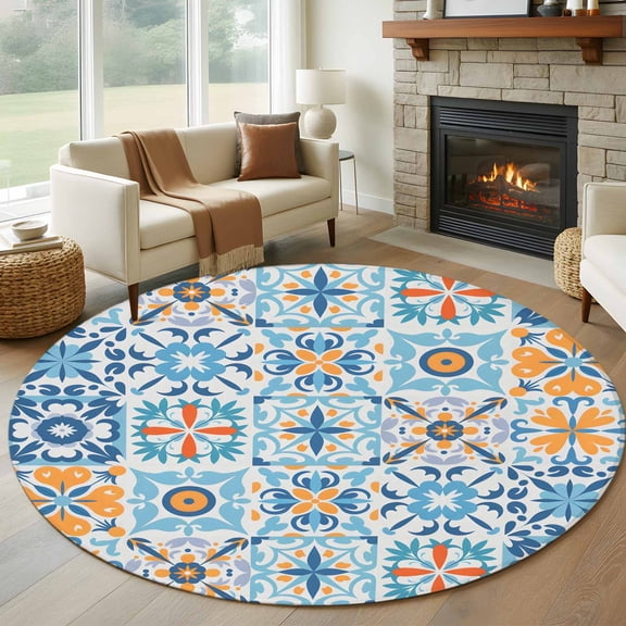 Blue Mediterranean Round Area Rug 6Ft Washable Circle Rugs for Bathroom Office, Vintage Moroccan Tiles Texture Non-Slip Carpet Floor Mats Indoor Outdoor Carpet Runner Aesthetic Home Decor