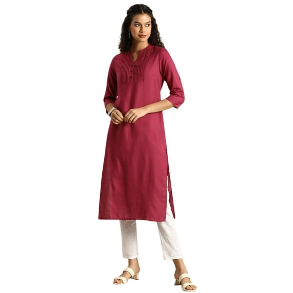 eloria Women's Fashion Solid Kurti In Mandarin Collar Neck Design, Fabric : Cotton, Color : Magenta, Size : Small