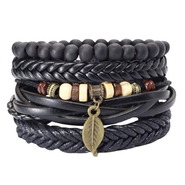 Pulsera ajustable de estilo tropical tejida a mano Pulsera de moda con hojas Pulsera de cuero DIY para hombre Pulsera trenzada de varias capas Set de 4 pulseras