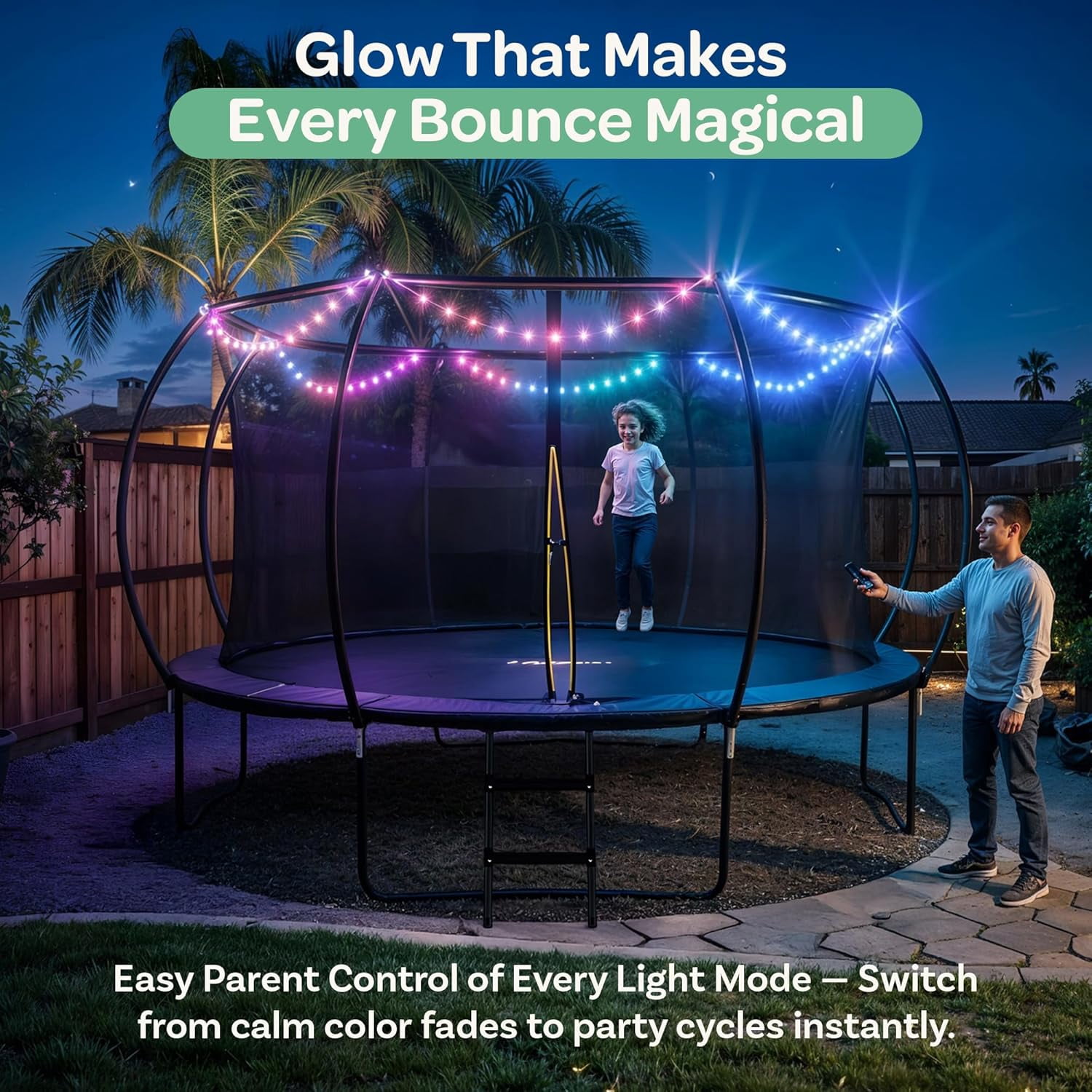 Joyberri trampoline for kids with trampoline net, add-on LED lights, and sprinklers, 14-ft, Black