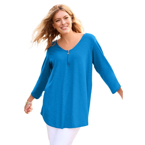 Woman Within Plus Size Three-Quarter Sleeve Zipper Tunic