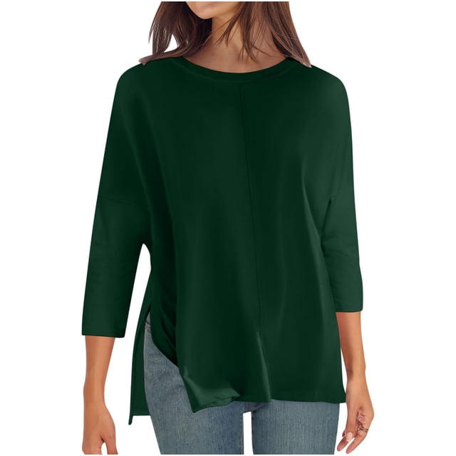 Plebaso Hauts à Manches 3/4 pour Femmes Fendus sur le Côté Blouse Décontractée Ample Col Rond Couleur Unie Chemises pour Femmes