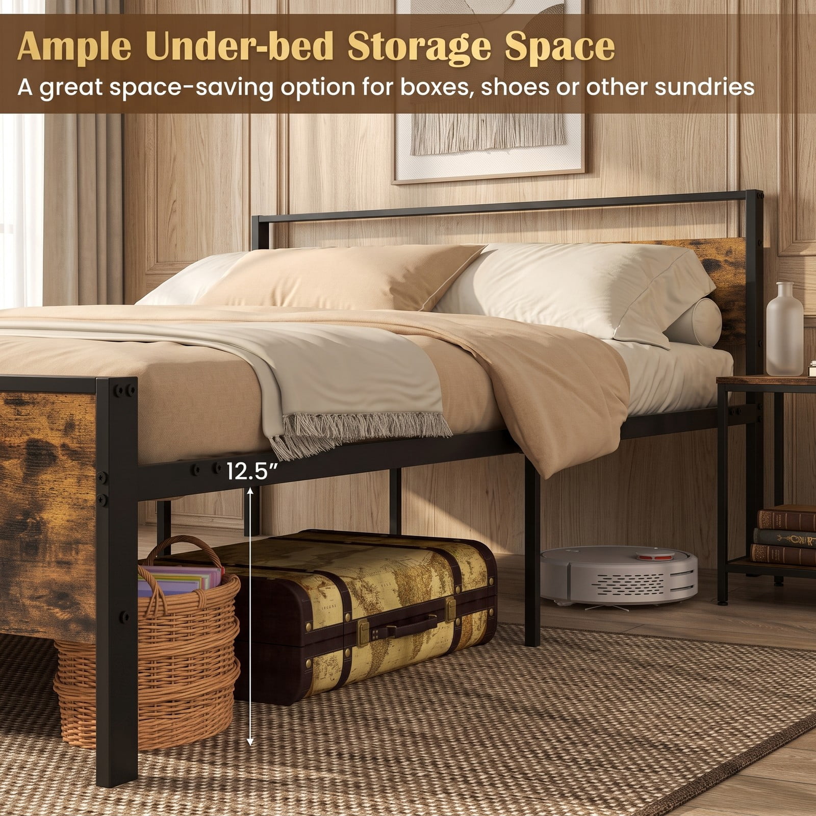 Furnibear Queen Bed Frame with Storage, Industrial Metal Platform Bed with Wooden Headboard and Under-Bed Space, Rustic Brown