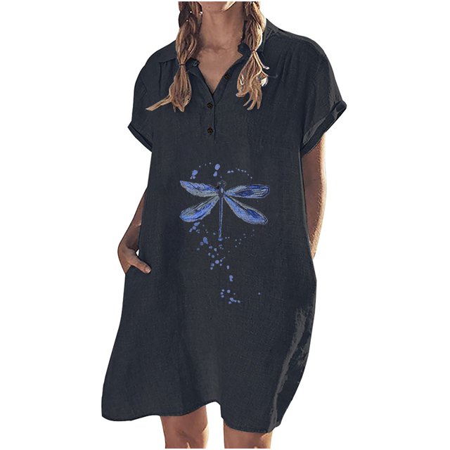 Vestido casual de color sólido con botones de solapa y manga corta de algodón y lino para mujer Pompotops ghjkhdj14799