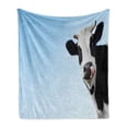 thumbnail image 1 of Cow Soft Flannel Fleece Throw Blanket, Animal Along Tongue Out Looking and Smiling to Camera Friendly Creature, Cozy Plush for Indoor and Outdoor Use, 50" x 70", Pale Blue Charcoal Grey, by Ambesonne, 1 of 5