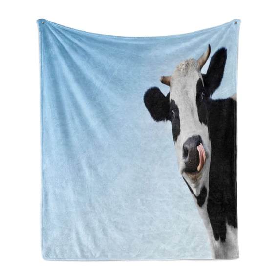 Cow Soft Flannel Fleece Throw Blanket, Animal Along Tongue Out Looking and Smiling to Camera Friendly Creature, Cozy Plush for Indoor and Outdoor Use, 50" x 70", Pale Blue Charcoal Grey, by Ambesonne