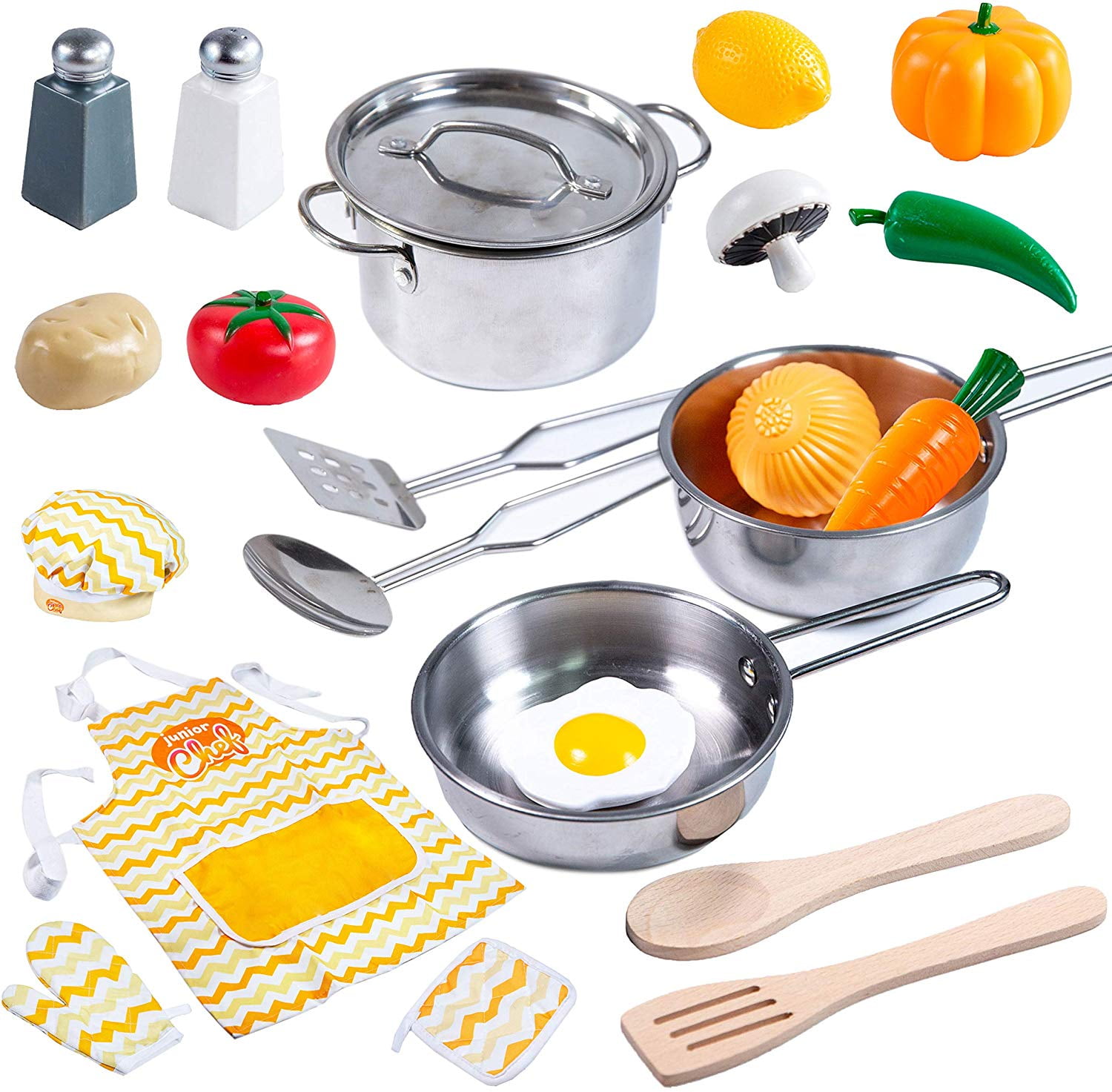 Easong 8Pcs Girls Cooking Apron Hat Stainless Steel Pot Set Kitchen Role Play Toy Kids Non-Toxic Materials No Sharp Edges Safe Reusable Baking Costume For Kids Apron Chef Hat Wok Pot