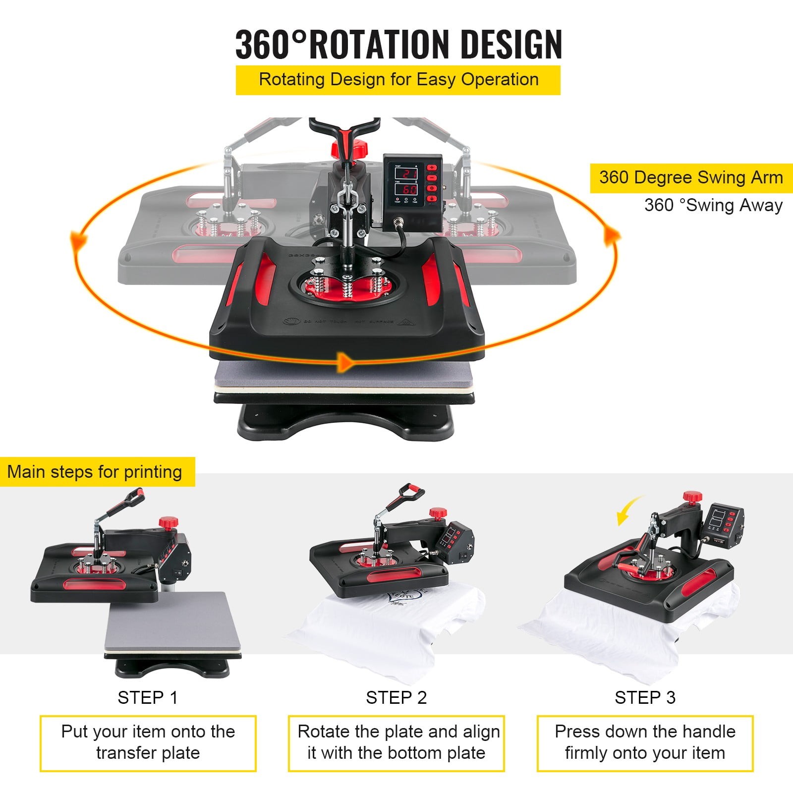 Red 8-in-1 Heat Press Machine, 15 x 15 Inches Sublimation Transfer Printer,  Digital Precise LCD Control Printing, 360 Swing Away Vinyl Transfer
