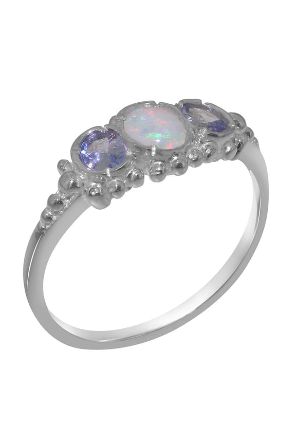 LBG British Made 925 Sterling Silver Genuine Natural Opal & Tanzanite Womens Statement Ring - 33 size options - Size 5.5