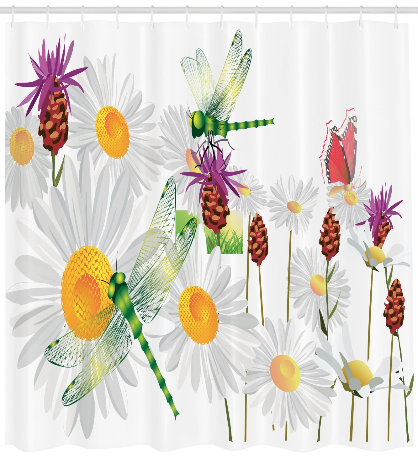 Dragonfly Shower Curtain Daisy Flower Field With Chamomile And Butterflies Grassland Nature Design Fabric Bathroom Set With Hooks Fern Green White By Ambesonne Walmart Com Walmart Com