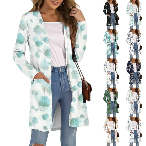 GXIPO Long Sleeves Lightweight Thin Cardigan Sweaters for Women with Pockets Casual Loose Dusters Floral Dark Green XL