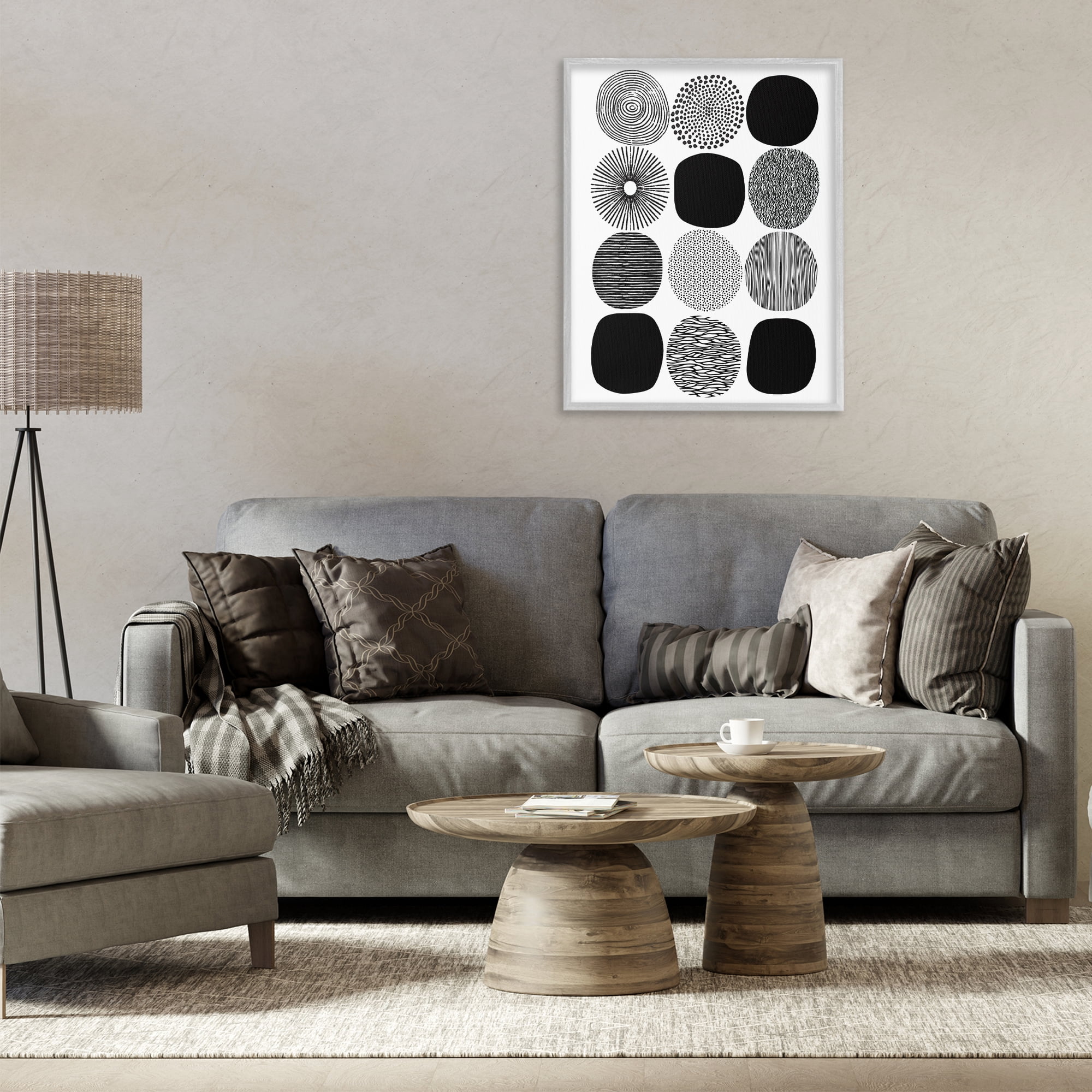 Stupell Industries Black & White Pattern Circles Abstract Painting Gray Framed Art Print Wall Art, 24 x 30